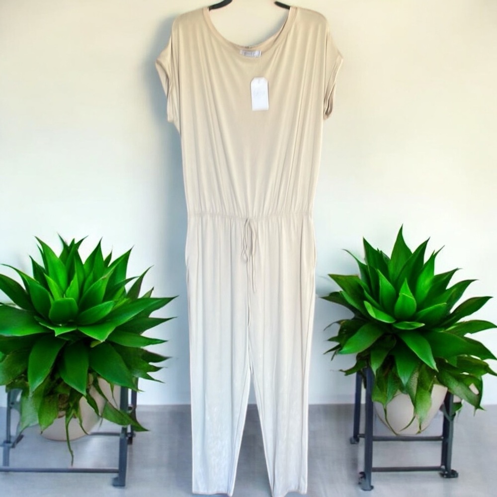 Coture Code Elegant Cream Jumpsuit tie waist drop neck size XL
